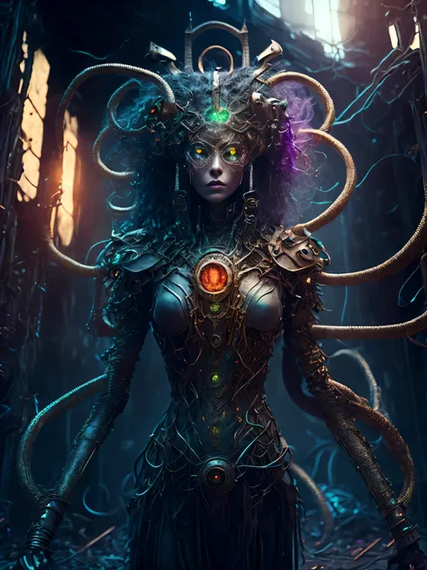 breathtaking cinematic science fiction photo of a full body medusa, metal skin, body full of rapped wires and glowing metrics inside, glowing multicoloured eyes, multifaceted eyes, metallic arms, inside a destroyed building, extremely menacing creature, hi...