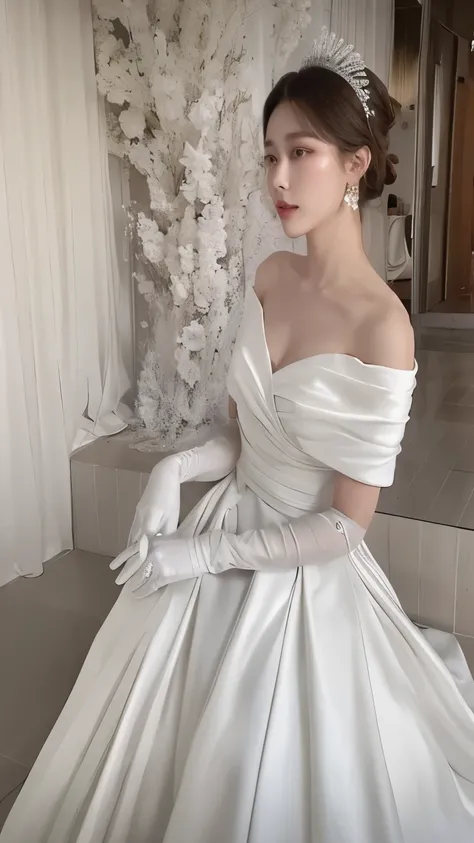 Araffe woman in a white dress and gloves sitting on a step., white vestido, Elegant and graceful, dressed beautiful vestido, soft elegant vestido, gracioso y elegante, impresionante elegante, mangas blancas, white regal vestido, hermosa y elegante, vestido...