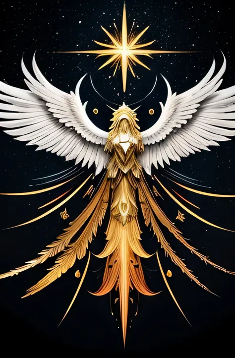 angelic phoenix, negro feathers, "No tengas miedo", que el Omnissiah bendiga tus circuitos, fuego purificador, ascendiendo, medio celeste, symmetrical, (colores=blanco,negro,oro,amber)