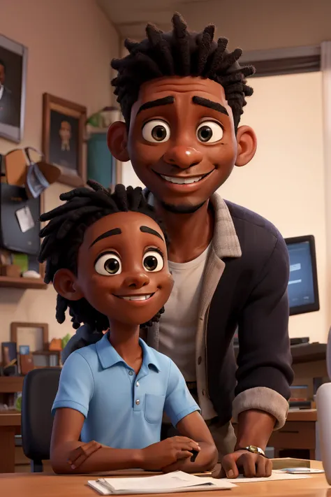 black man talking to 10 year old  sitting at a table, computer on the table, parents face smiling,  happy face