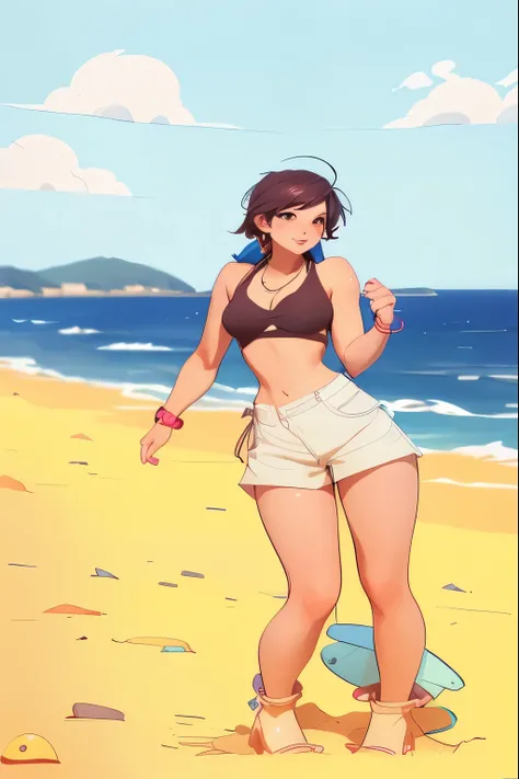 Anime girl on the beach with a surfboard and a hat, Gwaites style artwork, Smooth anime CG art, Makoto Shinkai&#39;s art style, digital anime art, Ilya Kuvshinov landscape, Ilya Kuvshinov. 4K, short full body portrait!, realistic anime art style, standing ...