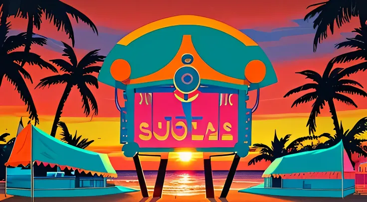 sunset, beach carnival style background, 80s vibe, retro