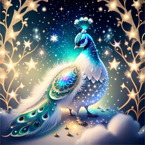 Magic white Peacock, Kawaii, Fluffy, Sparkling Stars Body Paint, Dream Forest, Realistic Painting, 8K, ArtStation Trend, Award Winning Photos,  Cinematic Smoothness, Intricate Details , 4k Magical beautiful background