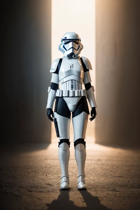 Photo of a female Stormtrooper from Star Wars, imposing figure, black thigh-high boots, medium breast plate, full body armor, dynamic portrait, hyperrealism, detailed RAW color art, bokeh background, Leading Lines Shot creating the illusion of depth, Tilt-...