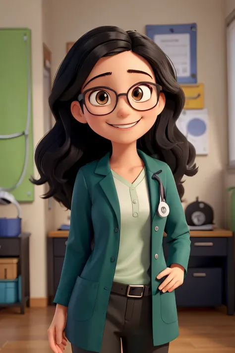 An doctor in the midle of the image. She is wearing an doctor outfit. She has an stethoscope. She is confident and has a smile on her face. She has long black hair. She has small, slightly slanted eyes and wears oval black prescription glasses. She has a b...