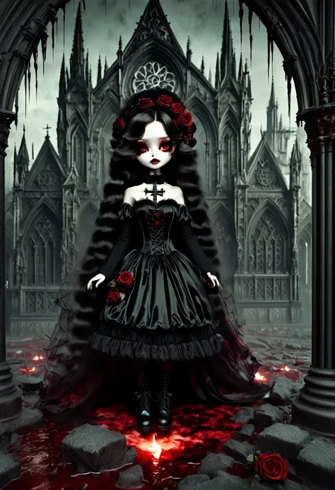 (Messenger from hell:1.4),Gothic aesthetics暗色调,cross,Rose,scary doll girl,dark Gothic,steampunk gothic victorian style, dark, hell,magma,flame,(紫色flame:1.3),There is fresh Blood on the ground,Blood pool,dripping Blood,Gothic aesthetics,one、Rose、castle、cros...