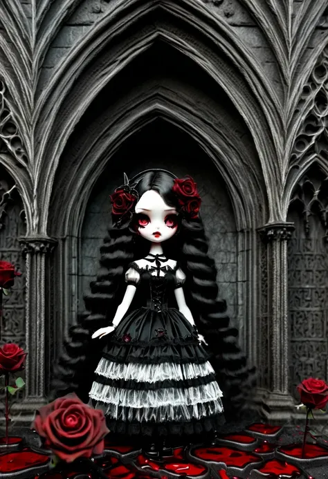 （messenger from hell：1.4），gothic aesthetics暗色调，cross，rose，scary doll girl,dark gothic，steampunk gothic victorian style, dark, he...