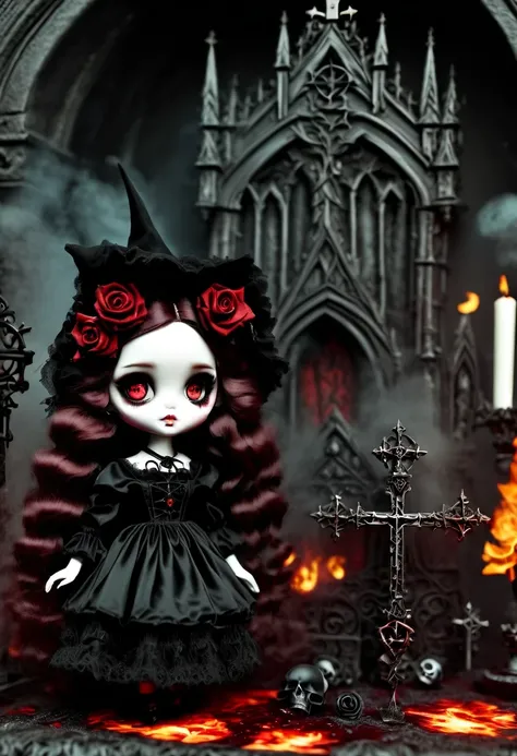 （Messenger from hell：1.4），Gothic aesthetics暗色调，cross，Rose，scary doll girl,big eyes，dark Gothic，steampunk gothic victorian style, dark, engulfed in smoke，hell，magma，flame，（紫色flame：1.3），There is fresh Blood on the ground，Blood pool，dripping Blood，Gothic aest...