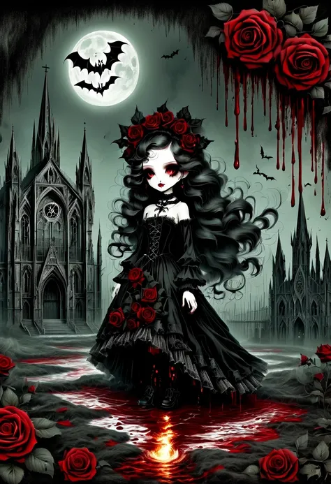 （Messenger from hell：1.4），Gothic aesthetics暗色调，cross，Rose，scary doll girl,dark Gothic，steampunk gothic victorian style, dark, hell，magma，flame，（紫色flame：1.3），There is fresh Blood on the ground，Blood pool，dripping Blood，Gothic aesthetics，one、Rose、castle、cros...