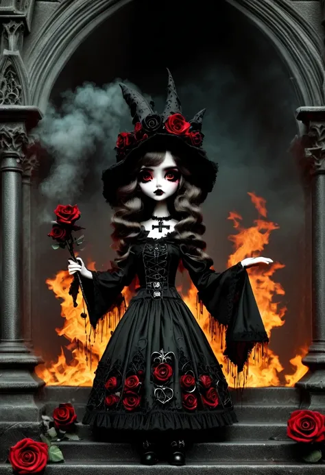 （Messenger from hell：1.4），Gothic aesthetics暗色调，cross，Rose，scary doll girl,big eyes，dark Gothic，steampunk gothic victorian style, dark, engulfed in smoke，hell，magma，flame，（紫色flame：1.3），There is fresh Blood on the ground，Blood pool，dripping Blood，Gothic aest...