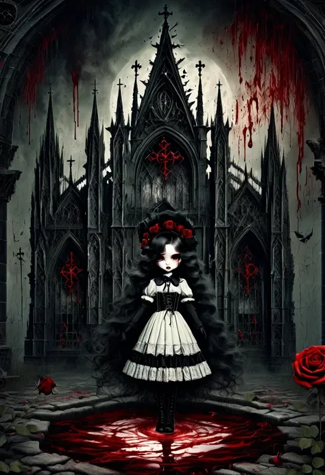 （Messenger from hell：1.4），Gothic aesthetics暗色调，cross，Rose，scary doll girl,dark Gothic，steampunk gothic victorian style, dark, hell，magma，flame，（紫色flame：1.3），There is fresh Blood on the ground，Blood pool，dripping Blood，Gothic aesthetics，one、Rose、castle、cros...