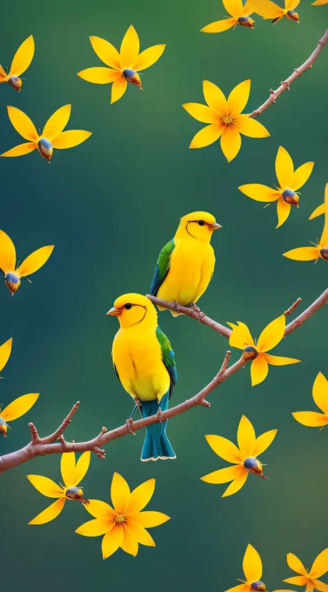 there are two birds sitting on a branch with yellow flowers, inspiring birds eye vista view, colorful birds, very beautiful photo, beautiful nature, birds f cgsociety, amazing composition, birds of paradise, incredibly beautiful, beautiful wallpaper, great...