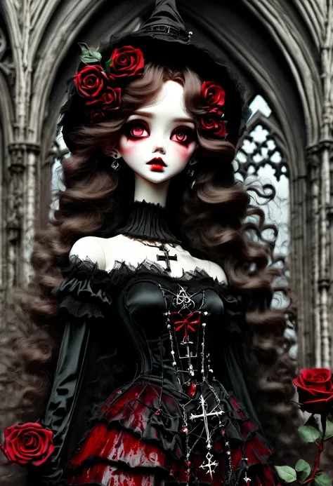 （messenger from hell：1.4），gothic aesthetics暗色调，cross，rose，scary doll girl,dark gothic，steampunk gothic victorian style, dark, he...