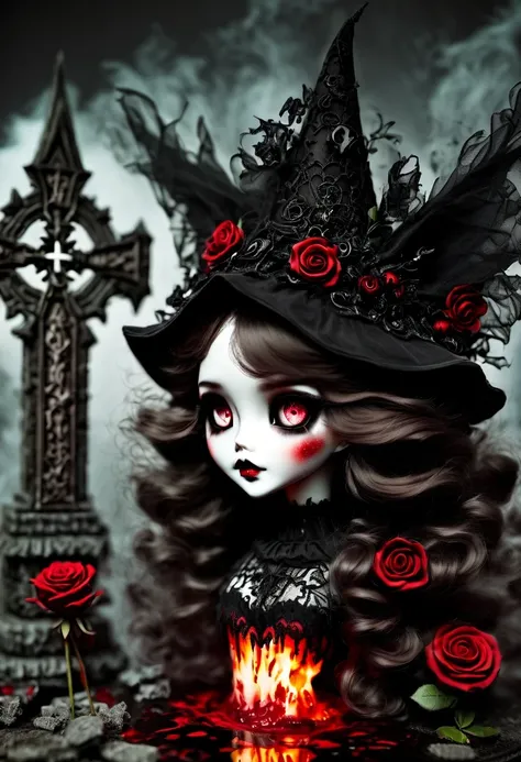 （Messenger from hell：1.4），Gothic aesthetics暗色调，cross，Rose，scary doll girl,big eyes，dark Gothic，steampunk gothic victorian style, dark, engulfed in smoke，hell，magma，flame，（紫色flame：1.3），There is fresh Blood on the ground，Blood pool，dripping Blood，Gothic aest...