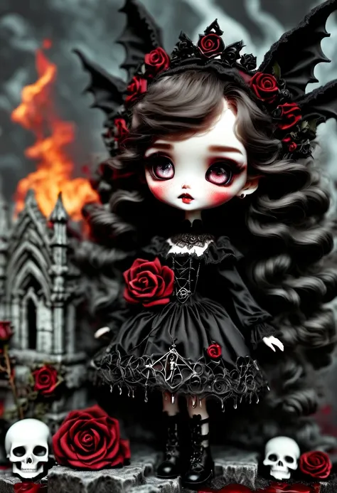 （best quality，masterpiece：1.2，detailed details），Gothic aesthetics暗色调，cross，Rose，strange doll girl,big eyes，small freckles，dark Gothic，steampunk gothic victorian style, dark, engulfed in smoke，hell，magma，flame，（紫色flame：1.3），There is fresh Blood on the groun...