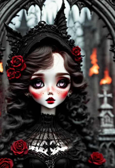 （best quality，masterpiece：1.2，detailed details），Gothic aesthetics暗色调，cross，Rose，strange doll girl,big eyes，small freckles，dark Gothic，steampunk gothic victorian style, dark, engulfed in smoke，hell，magma，flame，（紫色flame：1.3），There is fresh Blood on the groun...