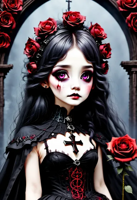 （best quality，masterpiece：1.2，detailed details），Gothic aesthetics暗色调，cross，Rose，strange doll girl,big eyes，small freckles，dark Gothic，steampunk gothic victorian style, dark, engulfed in smoke，hell，magma，flame，（紫色flame：1.3），There is fresh Blood on the groun...