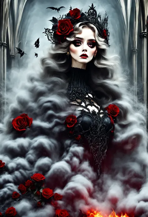 gothic fashion show， beautiful details，beautiful model，Smoky makeup，nightmare，cold，decadent， （dark Gothic，steampunk gothic victorian style）, dark, engulfed in smoke，hell，magma，flame，（紫色flame：1.3），There is fresh Blood on the ground，Blood pool，dripping Blood...