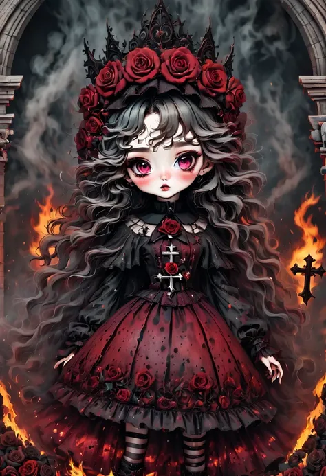 （best quality，masterpiece：1.2，detailed details），Gothic aesthetics暗色调，cross，Rose，strange doll girl,big eyes，small freckles，dark Gothic，steampunk gothic victorian style, dark, engulfed in smoke，hell，magma，flame，（紫色flame：1.3），There is fresh Blood on the groun...