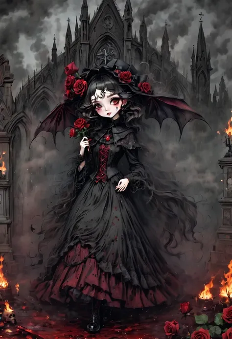 （best quality，masterpiece：1.2，detailed details），Gothic aesthetics暗色调，cross，Rose，strange doll girl,big eyes，small freckles，dark Gothic，steampunk gothic victorian style, dark, engulfed in smoke，hell，magma，flame，（紫色flame：1.3），There is fresh Blood on the groun...