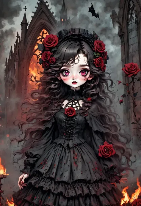 （best quality，masterpiece：1.2，detailed details），Gothic aesthetics暗色调，cross，Rose，strange doll girl,big eyes，small freckles，dark Gothic，steampunk gothic victorian style, dark, engulfed in smoke，hell，magma，flame，（紫色flame：1.3），There is fresh Blood on the groun...