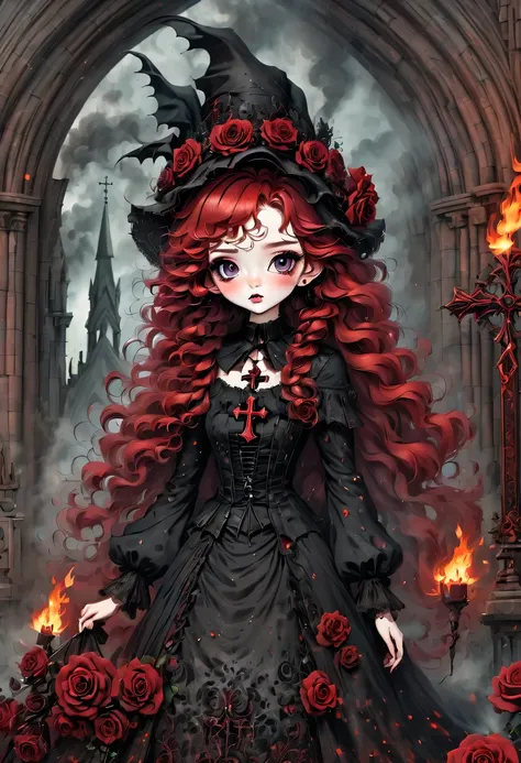 （best quality，masterpiece：1.2，detailed details），Gothic aesthetics暗色调，cross，Rose，（strange doll girl,big eyes，small freckles， Fluffy red hair，have），（dark Gothic，steampunk gothic victorian style）, dark, engulfed in smoke，hell，magma，flame，（紫色flame：1.3），地上have新...