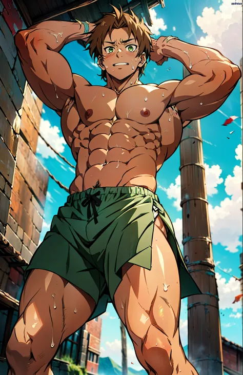 Showing off his muscular muscular back, red skin, bright red skin, the boy blushed shyly , rosy skin, shiny skin(muscular thigh muscles )( anime style, art) (photo angle from bottom up) (photo angle from the ground upwards) [Anime photo][highest quality ph...