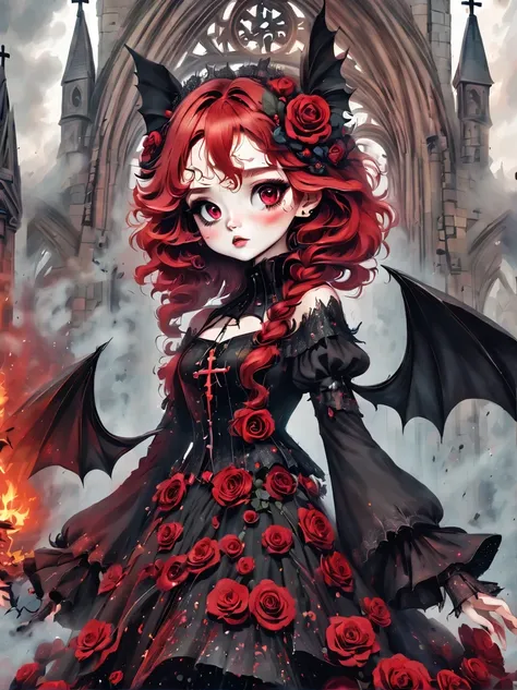 （best quality，masterpiece：1.2，detailed details），Gothic aesthetics，cross，Rose，（strange doll girl,big eyes，small freckles， Fluffy red hair，have），（dark Gothic，steampunk gothic victorian style）, dark, engulfed in smoke，hell，magma，flame，（紫色flame：1.3），地上have新鮮的B...