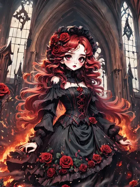 （best quality，masterpiece：1.2，detailed details），Gothic aesthetics，cross，Rose，（strange doll girl,big eyes，small freckles， Fluffy red hair，have），（dark Gothic，steampunk gothic victorian style）, dark, engulfed in smoke，hell，magma，flame，（紫色flame：1.3），地上have新鮮的B...