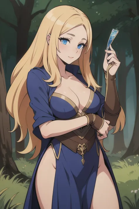 ((Best quality)), ((Masterpiece)), (detailed), perfect face perfect figure, Middle Ages, forest background, Sorceress Woman, woman in a robe, Golden hair, Blue eyes, tight blue robe, medium breasts
