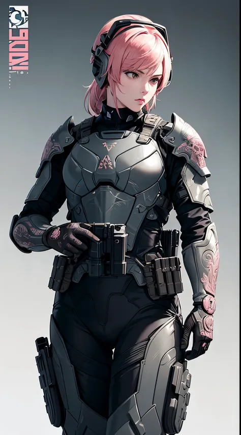 style of metal gear solid, (detailed intricate full cover tactical helmet:1.3), (pink hair), cowboy shot, dynamic pose, 1girl, solo, ray tracing, (masterpiece), (best quality), (detailed), (detailed tactical gear:1.1), (body armor:1.1), combat pants, glove...