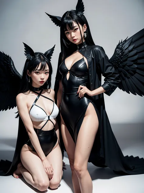 Two Asian women dressed in black and white posing for a photo., ulzzang, con dos pares de alas, 2 angeles, Alas de encaje negro, ropa de encaje de alas, bladed ropa de encaje de alas, the villain has black angel wings, tiene alas negras, con alas reales, y...