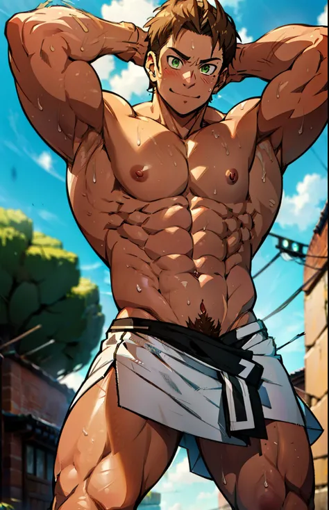 Showing off his muscular muscular back, red skin, bright red skin, the boy blushed shyly , rosy skin, shiny skin(muscular thigh muscles )( anime style, art) (photo angle from bottom up) (photo angle from the ground upwards) [Anime photo][highest quality ph...