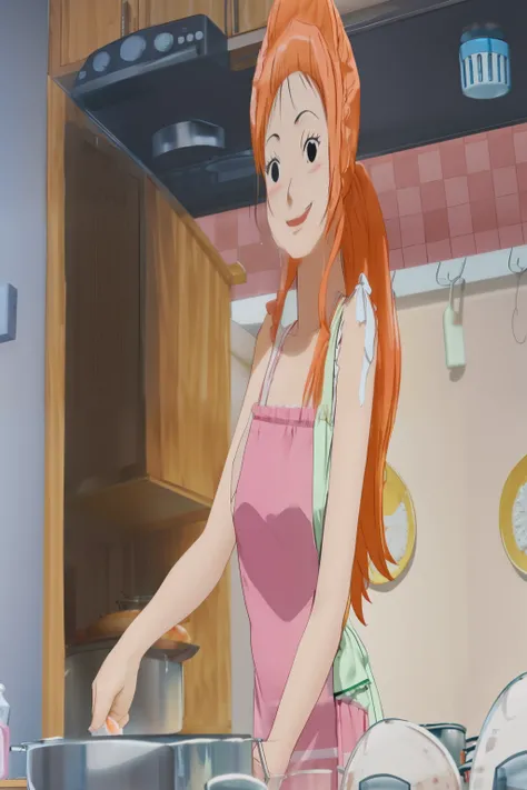 girl in pink dress cooking food in a kitchen with a stove, nami from one piece