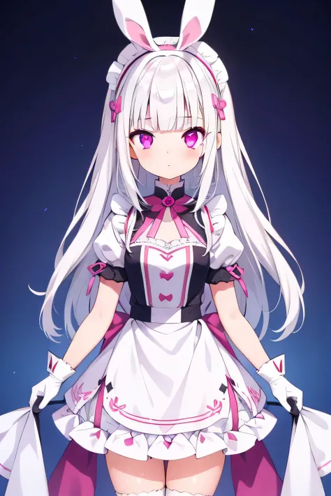 1 girl, long hair, blunt bangs, medium hair, white hair, magenta eyes, wearing plain white maid dress, headband big bunny, 8k resolutions, diamond eye, blue background, small, gloves