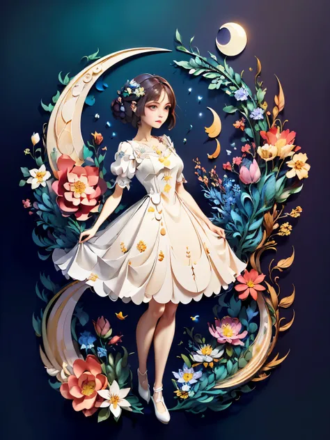 (((Masterpiece))),Best quality, Illustration, Young woman, Beautiful, dress, moon, flowers , paper_cut