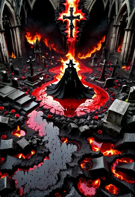 （Messenger from hell：1.4），cross，one个巨大的吸Blood鬼，looking from bottom to top，hell，magma，flame，（紫色flame：1.3），There is fresh Blood on the ground，Blood pool，dripping Blood，Gothic aesthetics，one、Rose、castle、cross、Blood、churchyard，gothic style的神秘、solemn and profou...