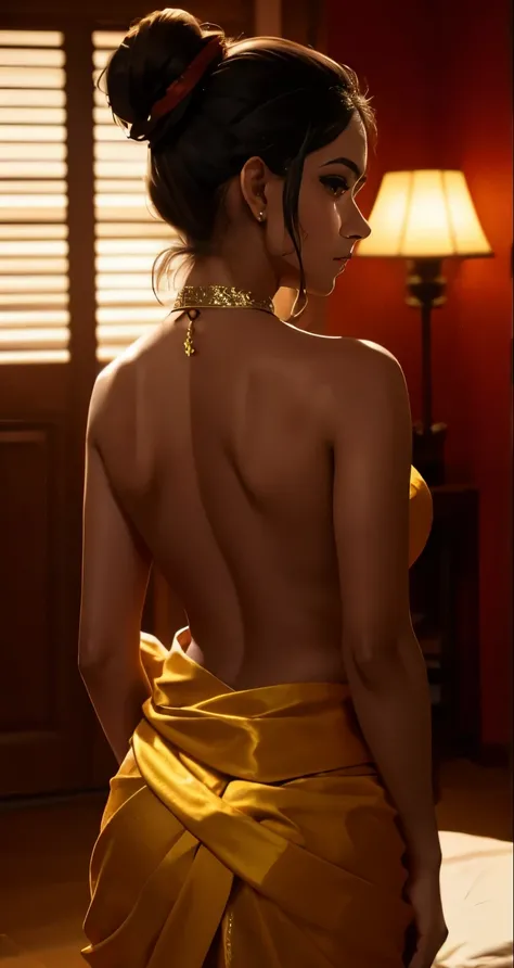 Sexy woman who is wearing a backless blouse and a saree and hair tied in a bun, tiny room, dark room, one lamp, sweaty, pleasure