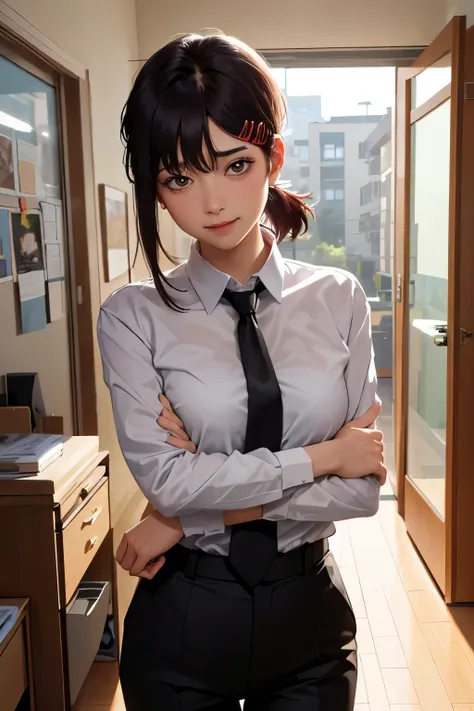 masterpiece, best quality, ultra-detailed, illustration, epic lighting, cinematic composition, isometric, 1girl, solo, cute, brown eyes, black hair, swept bangs, single sidelock, red hairclip, white collared shirt, black necktie, black pants, formal, encha...