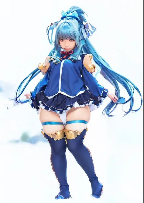 image of a woman with long blue hair and a bow, aqua from konosuba, realistic, ultra detail, 70mm lens,