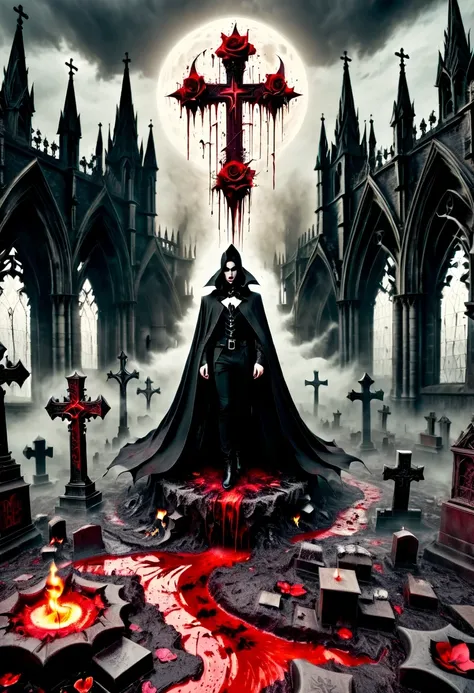 （Messenger from hell：1.4），cross，one个巨大的吸Blood鬼，looking from bottom to top，hell，magma，flame，（紫色flame：1.3），There is fresh Blood on the ground，Blood pool，dripping Blood，Gothic aesthetics，one、Rose、castle、cross、Blood、churchyard，gothic style的神秘、solemn and profou...