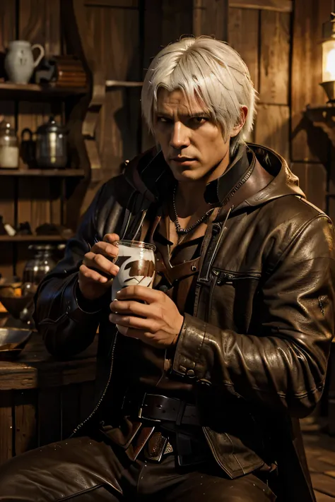 character in a leather coat from Devil May Cry named Virgil, lord of lightning, with his charisma and all-weaponry, drinks the Kazakh national milk drink kymyz from the throat in a wooden bowl. he has white hair too