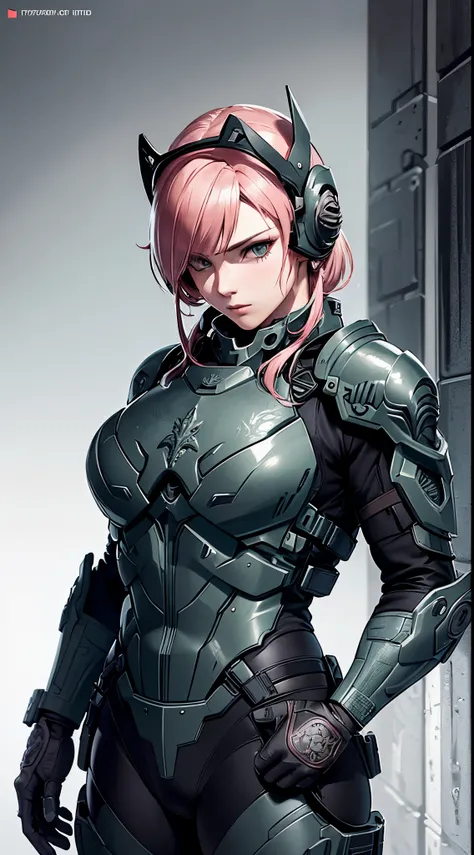 style of metal gear solid, (detailed intricate full cover tactical helmet:1.3), (pink hair), cowboy shot, dynamic pose, 1girl, solo, ray tracing, (masterpiece), (best quality), (detailed), (detailed tactical gear:1.1), (body armor:1.1), combat pants, glove...