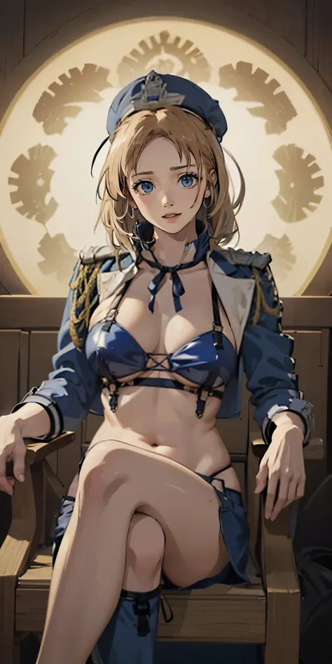 blonde hair:1.4), blue eyes, low ponytail, large breasts (best quality,4k,8k,highres,masterpiece:1.2),ultra-detailed,(realistic,photorealistic,photo-realistic:1.37), race queen, cropped jacket, huge breast, highleg bikini, micro shorts, thigh boots, peaked...