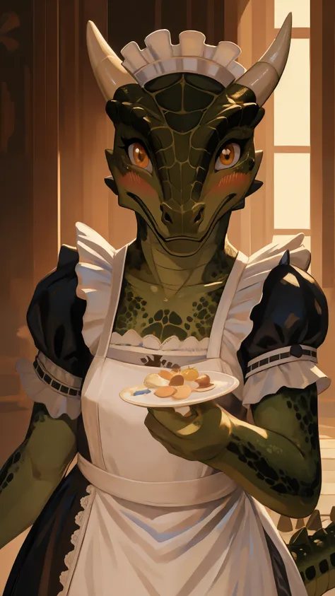 anime, hdr, soft light, ((best quality)), ((masterpiece)), (detailed), lustyargonian, maid, colored skin, green skin, maid headd...