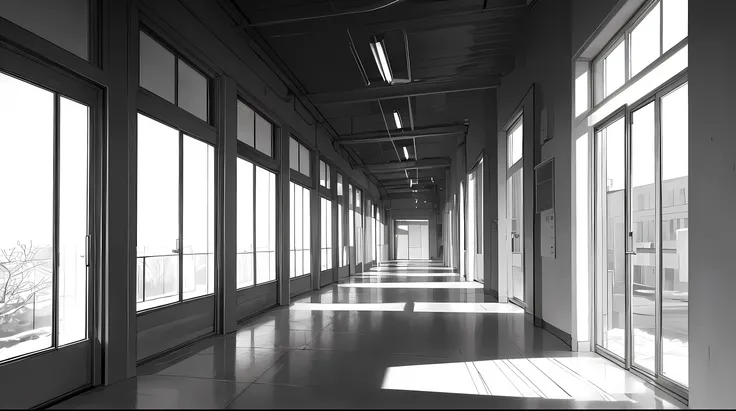 School corridor, B&W image, no people, no people, (simple style), Few doors, There are no windows, snow outside the window