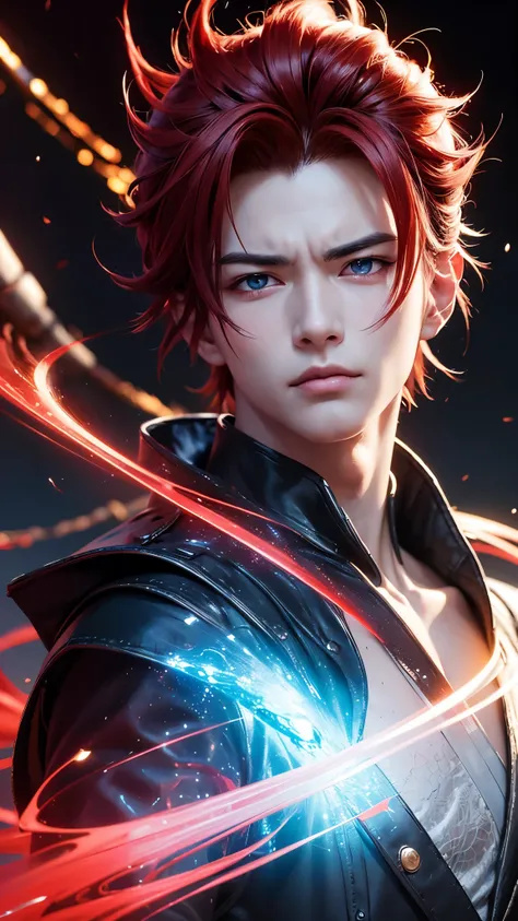 An 8k masterpiece, highest resolution, every detail, meticulous detail, depth of field, bright colors, beautiful composition: stunning take on an anime character Gohan with brilliant red hair and beautifully detailed glowing eyes, standing against a dark a...