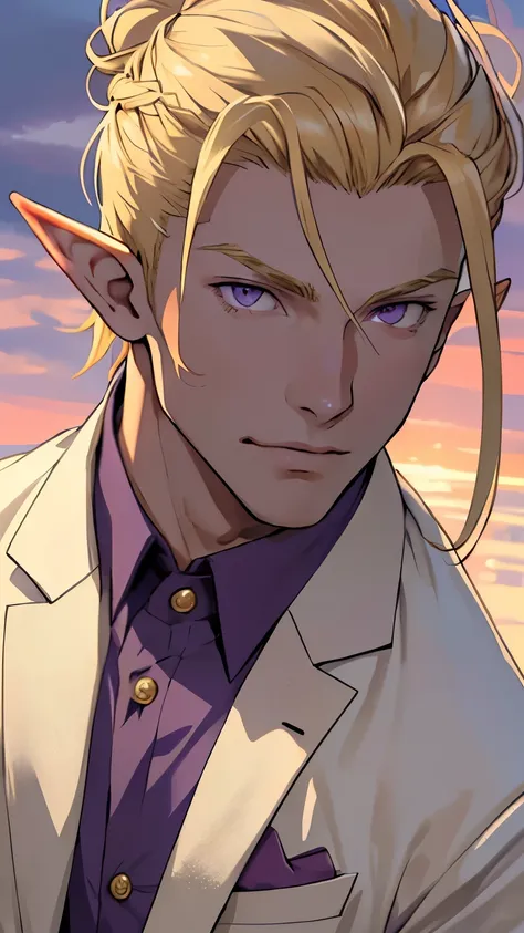 (masterpiece), best quality, high quality, 1 man, beautiful face, handsome, sunlight, elf ears, pointy ears, handsome, blonde hair, bun hairstyle, purple eyes, upper body, yacht background, looking straight, purple eyes,