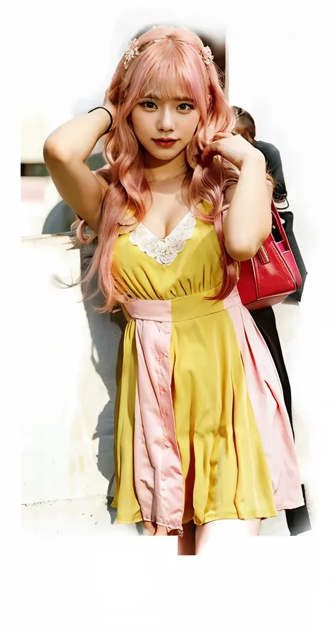 girl in a yellow dress posing, pink hair, realistic, detail,