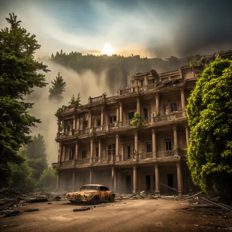 "Abandoned City, post-apocalyptic, desolate, crumbling architecture, overgrown with plants, eerie atmosphere, abandoned vehicles, hauntingly beautiful, dramatic lighting, rusted metal, decaying buildings, nature reclaiming the urban landscape." The consequ...